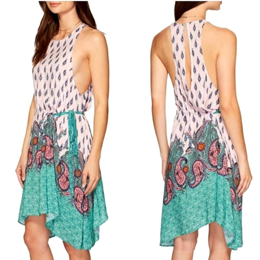 Free People NWT Paisley Sleeveless Tie Waist Asymmetrical Hem Dress Pink Green M